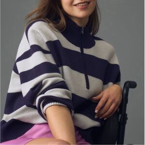 Maeve Anthropologie The Montana Striped Mock-Neck Half-Zip Sweater- Navy/White